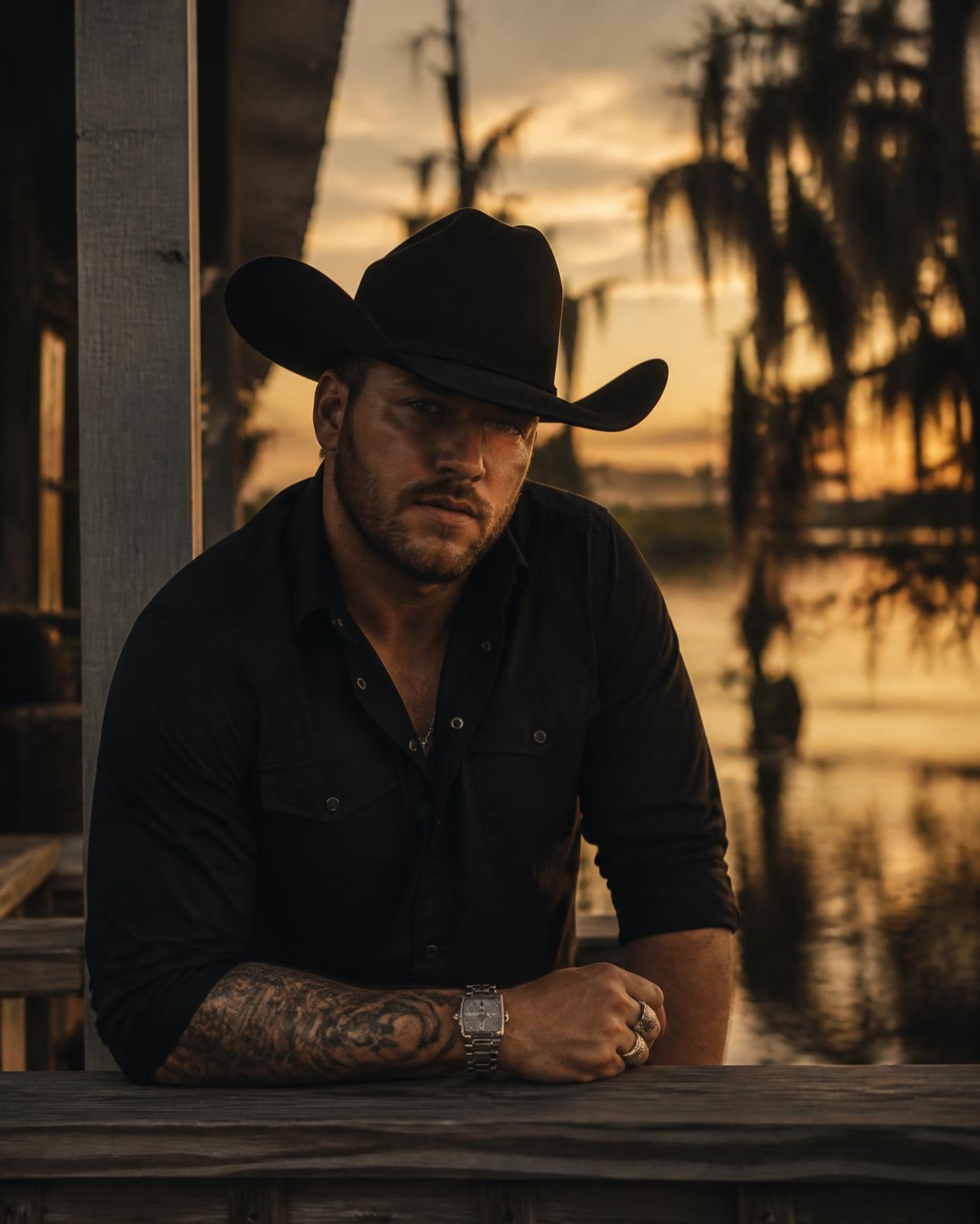 Portrait of THA PARTY KING at dusk on a Louisiana porch